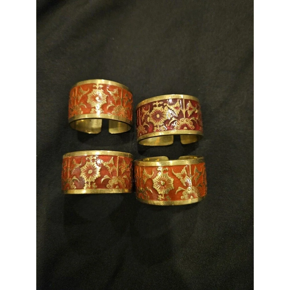 Vintage Japanese Brass and Red Enamel Napkin Rings (4)